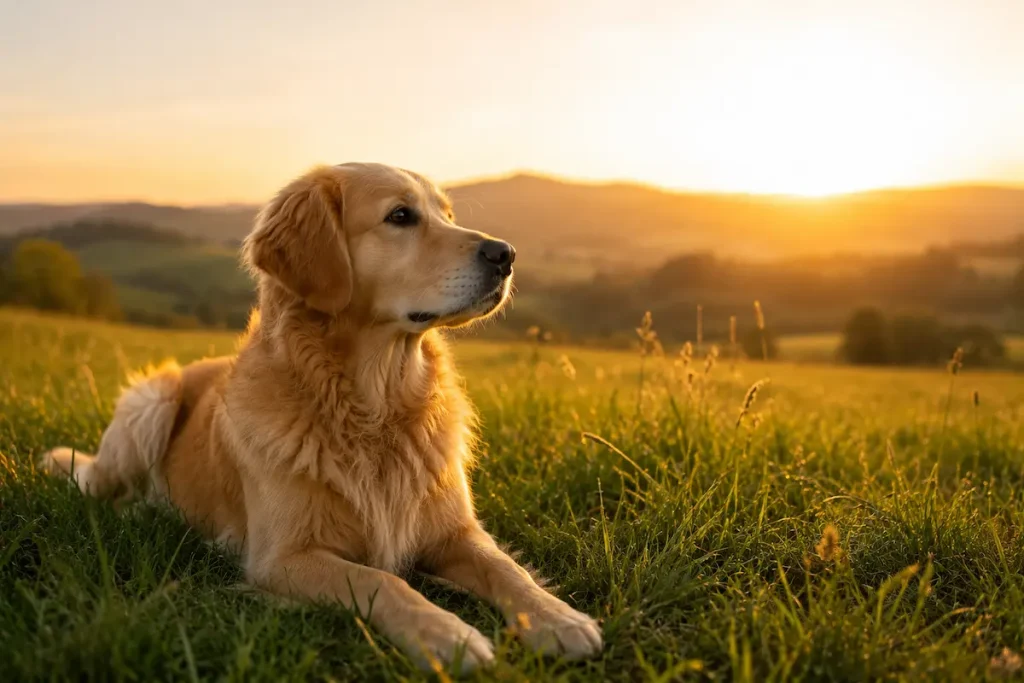 golden retriever senior au museau gris allongé dans l'herbe