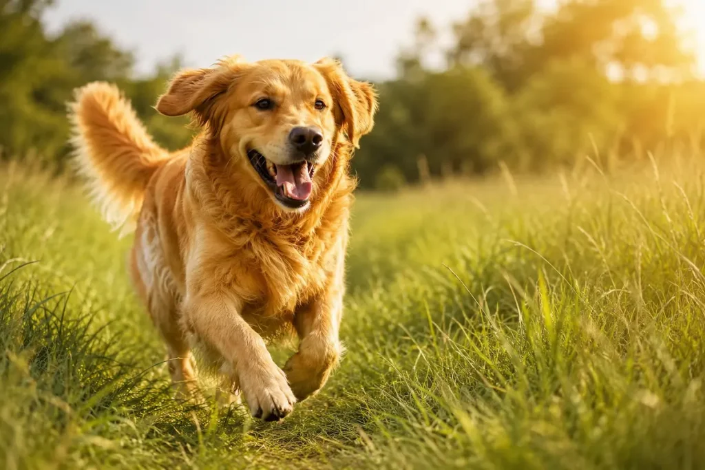 golden retriever adulte qui court dans l'herbe