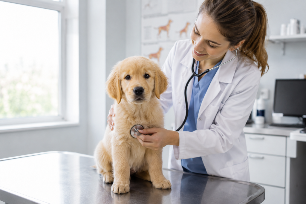 golden retriever chez le vétérinaire lors d'un bilan de santé annuel