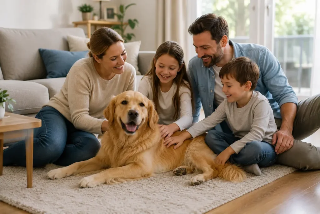 golden retriever couché aux pieds d'une famille avec enfants, illustrant son caractère doux et sociable