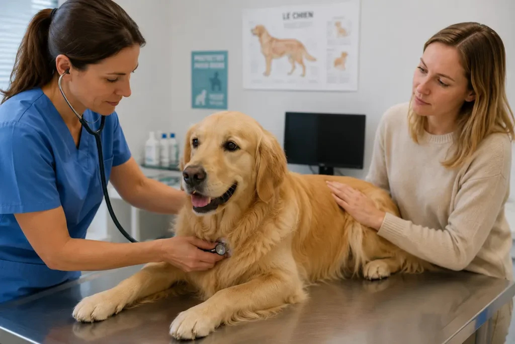 golden retriever en consultation vétérinaire avant castration