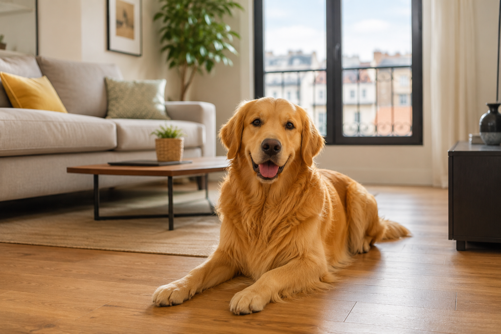 Golden retriever allongé dans un appartement près d'une fenêtre