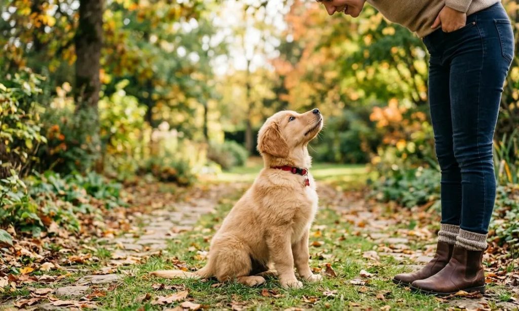 chiot golden retriever assis dans l'herbe, prêt pour l'éducation