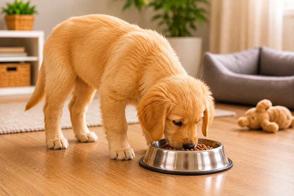chiot golden retriever en train de manger dans sa gamelle