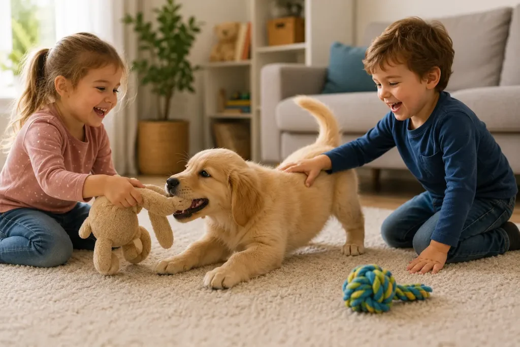 enfant jouant avec un golden retriever