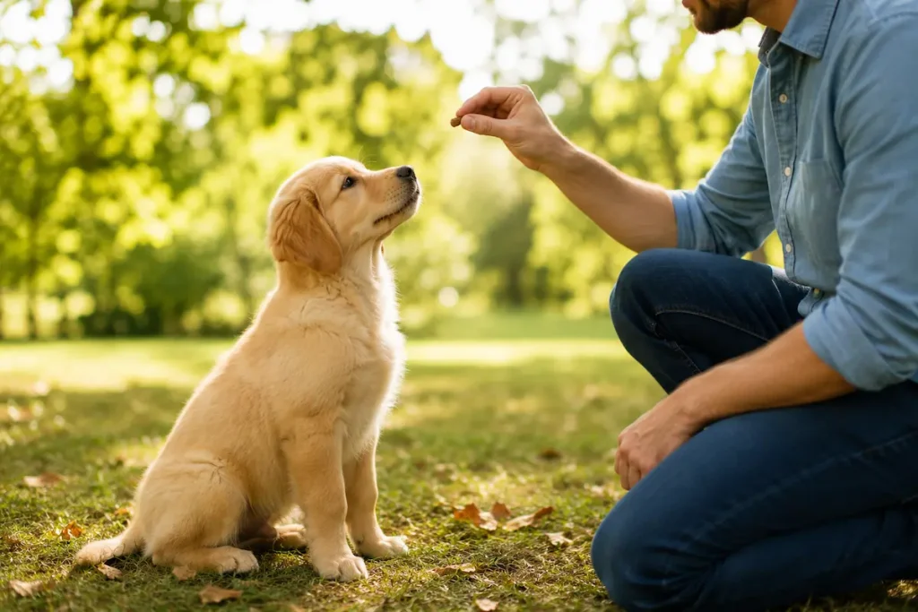chiot golden retriever assis qui regarde son maître lors d'une séance d'éducation
