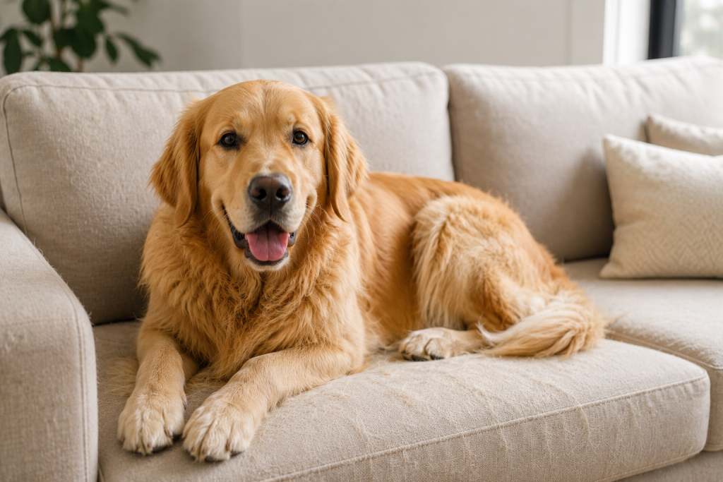 Golden retriever allongé sur un canapé avec des poils visibles sur le tissu