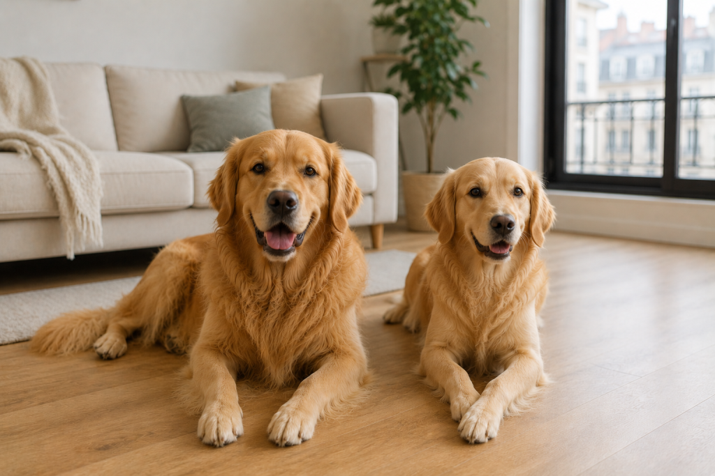 Golden retriever mâle et femelle assis côte à côte dans l'herbe