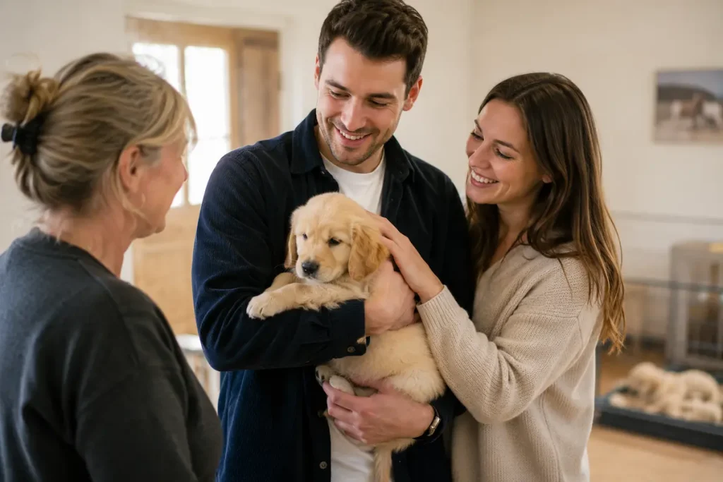 chiot golden retriever dans les bras de son futur propriétaire chez un éleveur