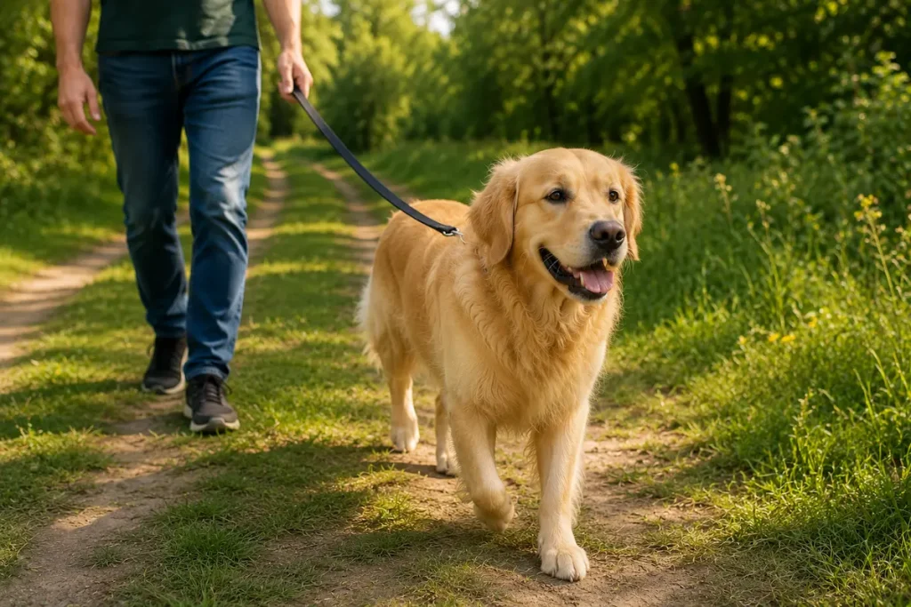 golden retriever en promenade sur terrain souple, exercice adapté pour prévenir la dysplasie hanche