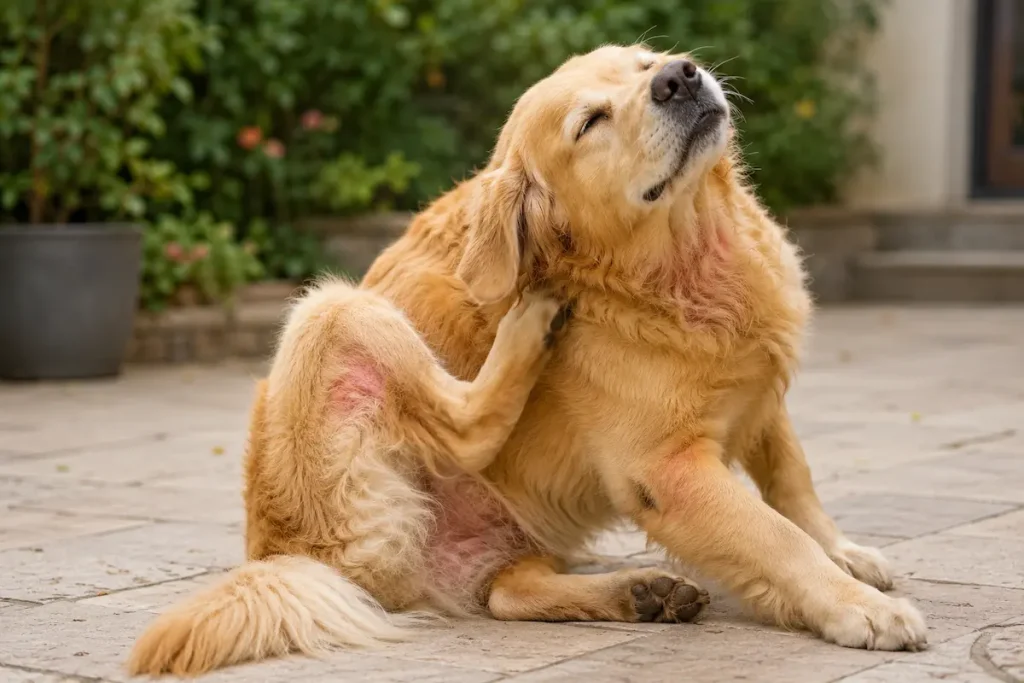 golden retriever qui se gratte, signe d'allergie cutanée
