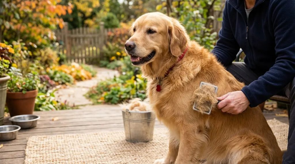 brossage d'un golden retriever pendant la mue