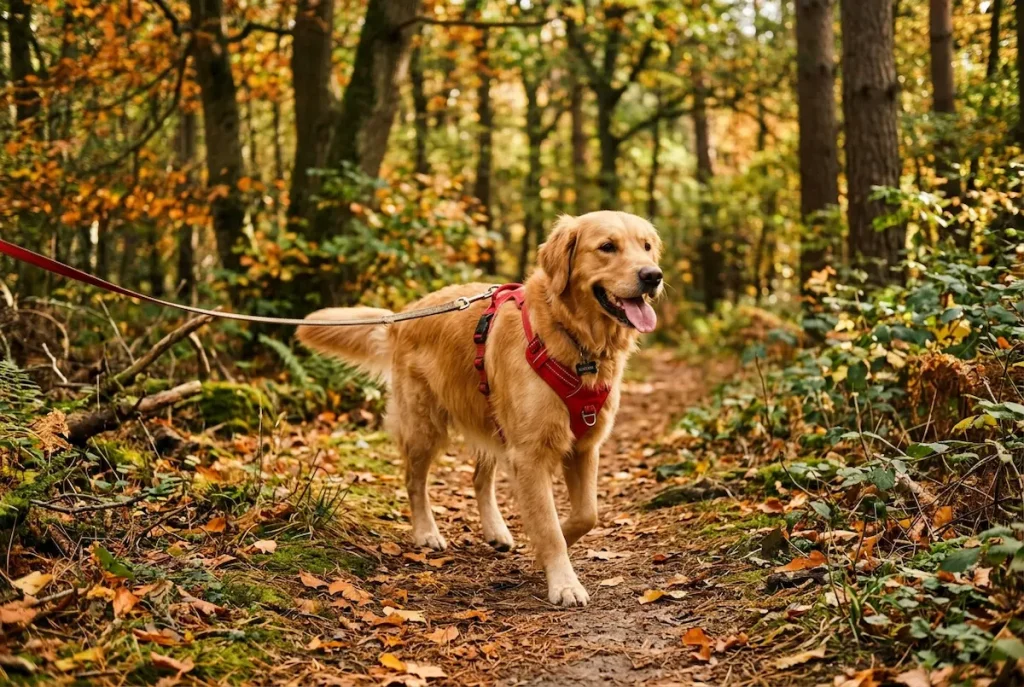 golden retriever en harnais lors d'une balade en forêt