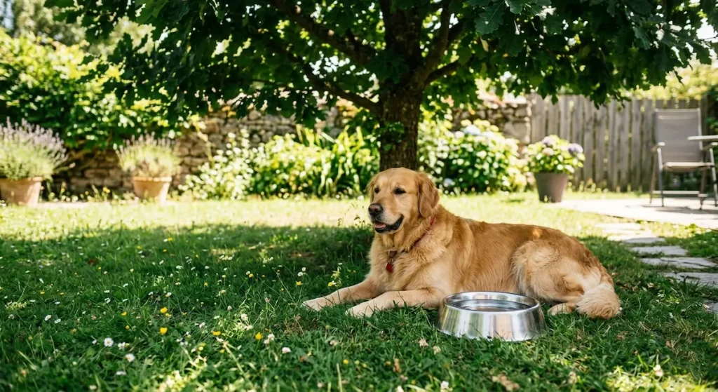 golden retriever se reposant à l'ombre pendant une forte chaleur