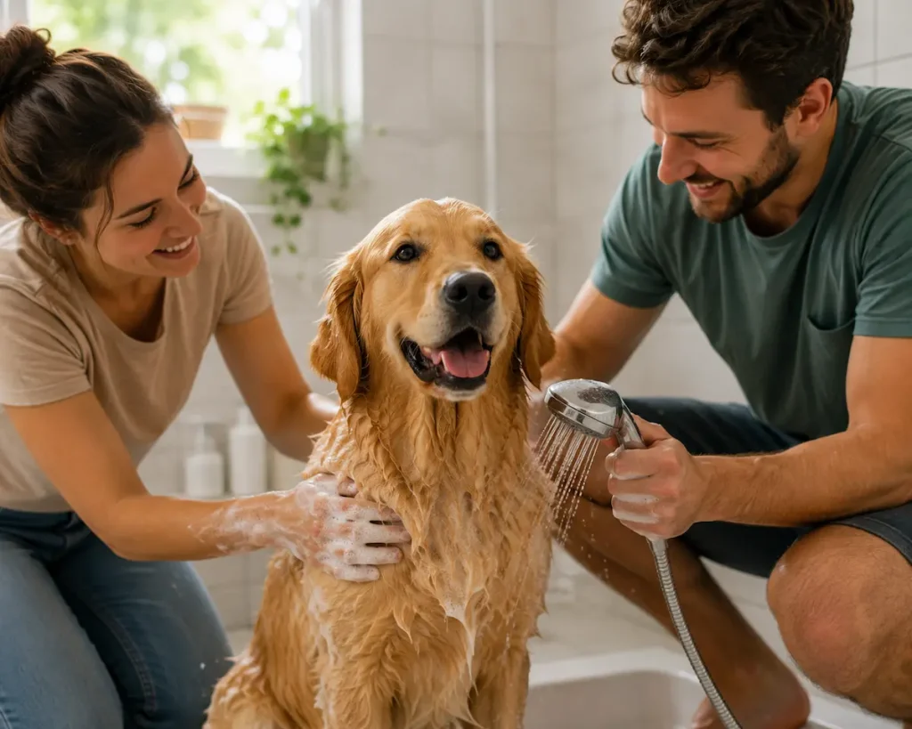 nettoyage du pelage d'un golden retriever à la maison